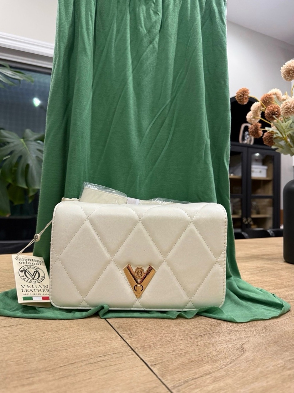 NWT Valentino Orlandi Cream Quilted Vegan Leather Crossbody Bag with Gold V Logo